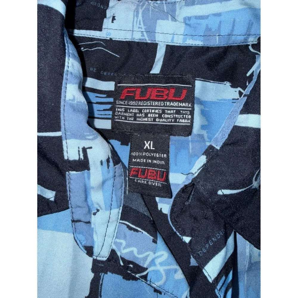 FUBU Collection Mens XL Short Sleeve Button Down Shirt Black Blue Abstract Print
